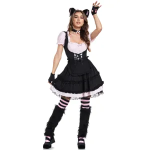 Detalles del hermoso vestido de cosplay de gata negra y rosa con orejas y calentadores.