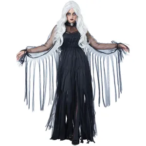 Adult Halloween costume spooky vampire ghost bride dress with long sheer mesh sleeves