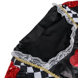 Halloween queen costume detail shot, black and white checkerboard, red sequins and lace.