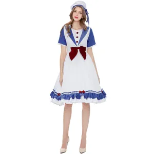 Blue white sailor cosplay costume dress with red bow and hat details for party stage.