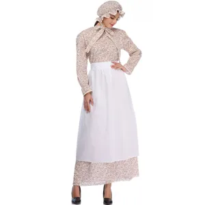 Vista dettagliata del costume storico vintage con maniche lunghe floreali e grembiule bianco.