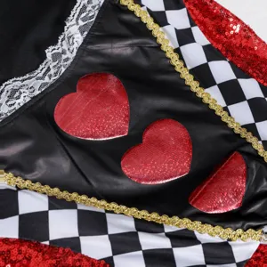 Detailed view of Halloween queen costume fabric featuring black satin, red glitter hearts and lace.