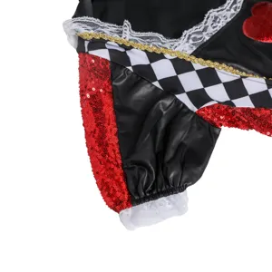 Queen of Hearts cosplay costume detail showing black white checkerboard pattern and red sequins.