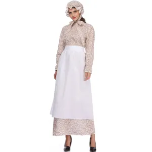 Elegante vestito costume storico da pioniere coloniale con grembiule e cuffia per adulti.
