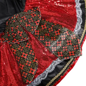 Detailed view of red and black queen costume skirt featuring sequins, card suits and lace.