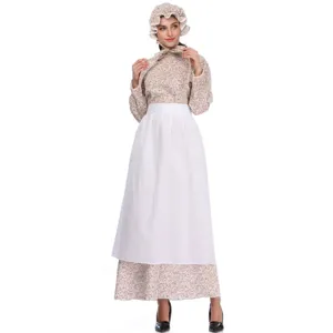 Vista di dettaglio del costume da pioniera retrò per adulti con abito floreale e cuffia.