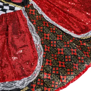 Detailed shot of Queen of Hearts costume skirt featuring red sequins and playing card prints.