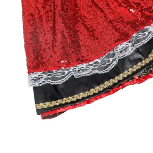 Close-up of Halloween queen costume hem featuring red sequins, white lace, and gold trim details.