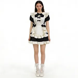 Detail view of the Lolita maid dress, highlighting ruffled trims and black bow accents.