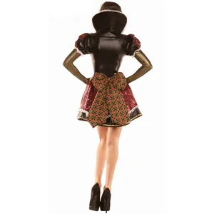 Back view detail of sexy queen cosplay costume with heart bow and high collar design.