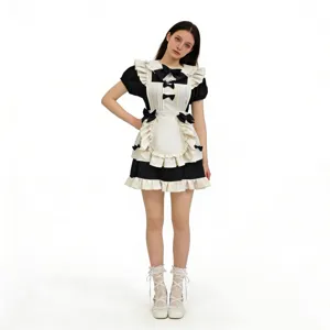 Detailed view of black and white Lolita maid dress featuring delicate ruffles and bows.