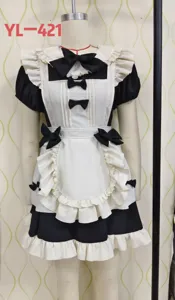 Classic black and white Lolita maid dress costume with cute ruffles and bows for cosplay events.