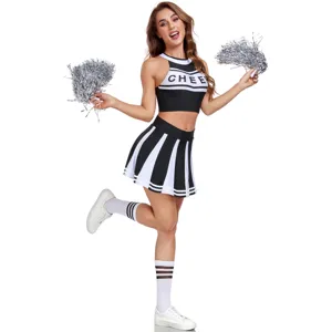 Sexy cheerleader costume for women black white crop top and pleated skirt performance outfit.