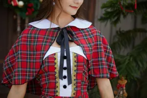 Christmas cosplay red plaid cape dress detail shot, perfect festive holiday stage costume