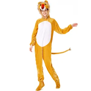 Adult animal cosplay onesie costume features soft yellow fleece fabric with cute hood and tail.