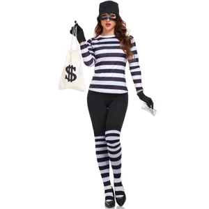 Women halloween thief costume set long sleeve black white striped top pants socks gloves bag