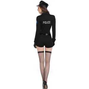 Sexy police cosplay costume set with long sleeve top, shorts, hat, and fishnet stockings.