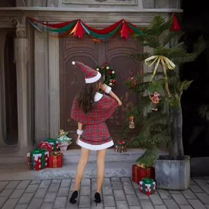 Red plaid Christmas cosplay costume set featuring a cape, skirt, and matching hat, main view.