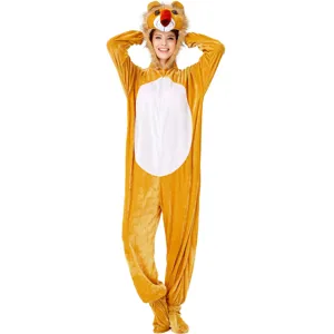 Adult animal cosplay onesie costume, comfortable yellow plush jumpsuit with hood for party.