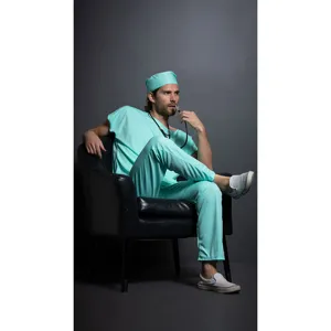 Detailed view of men doctor costume outfit set, mint green medical scrubs for cosplay.