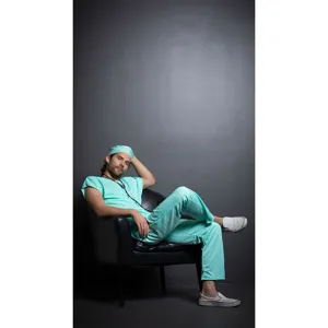 Detail shot of men's doctor surgical scrubs costume for cosplay, roleplay and Halloween events.
