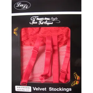 Red lace garter belt with fishnet stockings set, sexy adult hosiery with adjustable straps.
