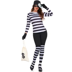 Detailed view of the women burglar costume featuring black and white stripes, hat, and accessories.