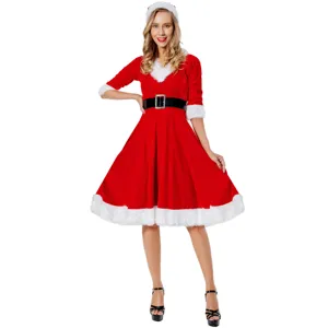 Vestito di Natale da Donna in Velluto Con Cappello di Babbo Natale e Cintura Rosso Bianco Bordo in Peluche Abbigliamento per Feste
