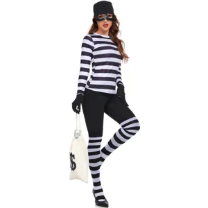 Women burglar costume set long sleeve black white striped top with money bag Halloween