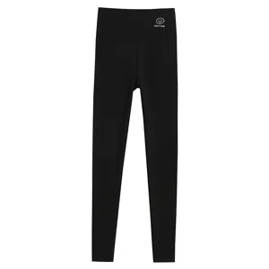 Black high waist leggings detail view, featuring elastic fabric and comfortable fit design.