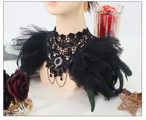 Gotisch zwart kant veer choker halsketting neppe kraag halloween feest kostuum accessoire