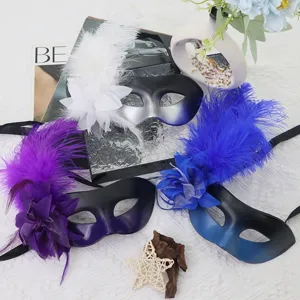 Half Face Feather Masquerade Mask With Detachable Side Flower For Halloween Carnival Party Costume Dress Up Props