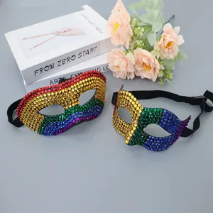 Rainbow rhinestone masquerade mask shiny crystal half face party costume festival eye mask