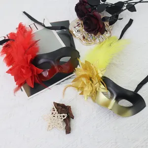 Feather masquerade mask half face Venetian ball party dress up costume prop red gold