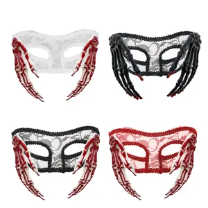 Halloween lace skeleton hand mask scary party costume accessory black white red 4pcs