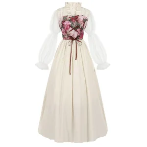 Detailed view of medieval vintage corset dress with sheer long sleeves and floral bodice.