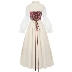 Back view of medieval renaissance corset dress with floral bodice and hanging ribbons.
