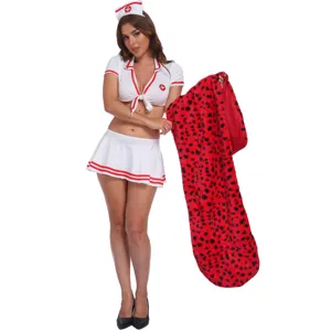 Sexy nurse cosplay costume set with red leopard print plush cape for adult women now.