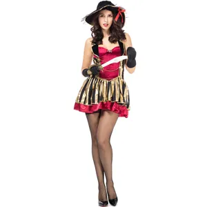 Detail view of the gothic pirate costume showing red and black dress, hat, and fishnet stockings.