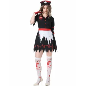 Costume da infermiera zombie di Halloween spaventoso con abito insanguinato, cappello e calze.