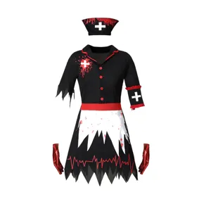 Vista dettagliata del costume infermiera vampiro Halloween, set cosplay nero e rosso.