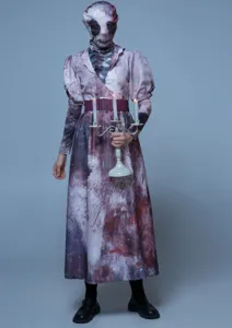 Halloween Zombie Cosplay Kostüm langes Kleid mit Kopfbedeckung und Gürtel für Partys.