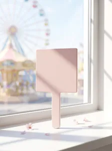 Rosa quadratischer Handspiegel Make-up Spiegel Detailansicht mit minimalistischem Design Stil.