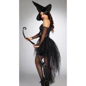 Detailed shot of the black witch costume, featuring layered tulle skirt and matching hat.