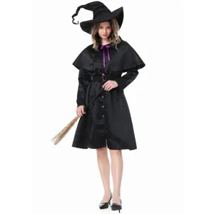 Detailed view of black witch costume with pointed hat and cape for Halloween cosplay events.