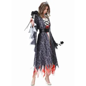 Detailed view of the gothic vampire queen cosplay dress featuring bloody hem and roses.