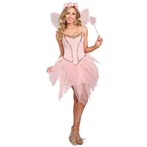 Pink fairy costume adult cosplay Halloween dress with angel wings and magic wand set