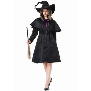 Detailed view of the black witch costume featuring a pointed hat, cape, and dress for cosplay.