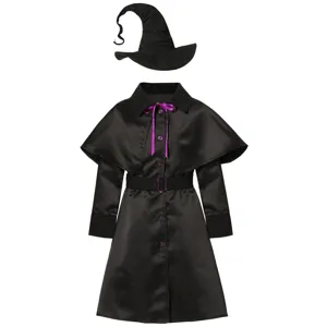 Halloween kids black witch costume set with wizard hat and cape for cosplay party events.