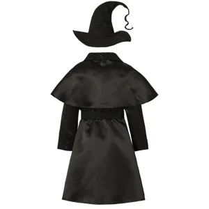 Black witch costume detail view, showcasing the glittery cape, elegant belt, and wizard hat.